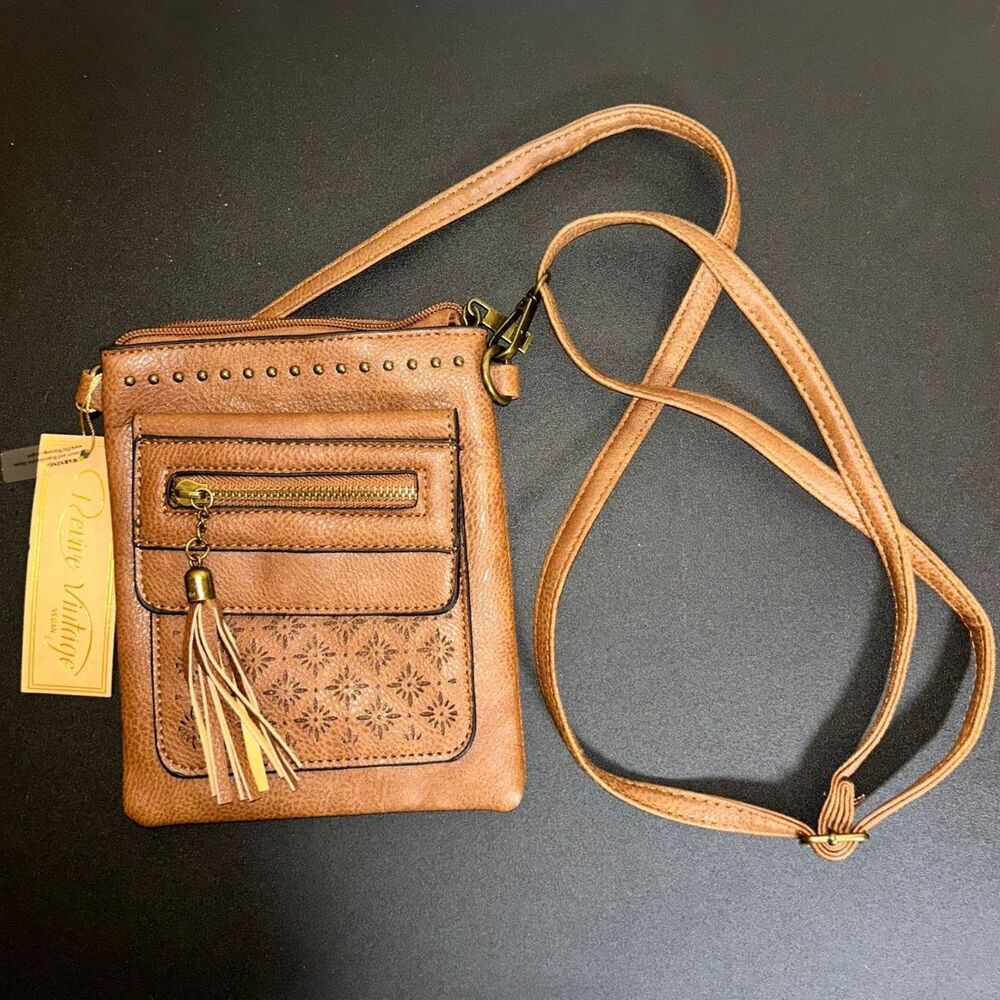 Revive Vintage Vegan Faux Leather Small Crossbody Bag in Cognac Brown New